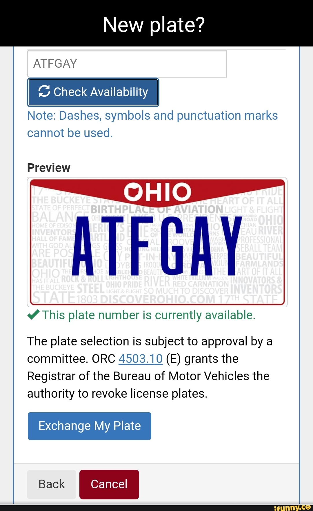 New plate? ATFGAY Check Availability Preview Note Dashes, symbols and