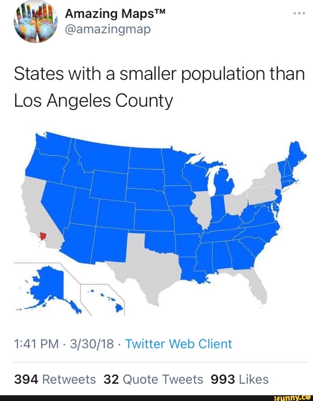 Amazing @amazingmap States with a smaller population than Los Angeles ...