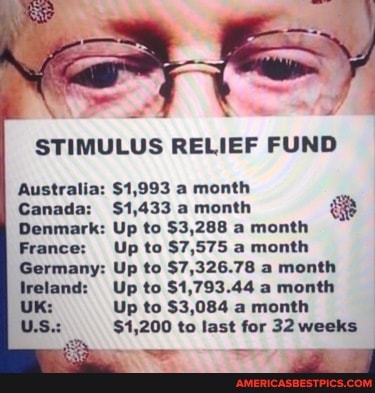 STIMULUS RELIEF FUND
Australia: $1,993 a month
$1,433 a month
: Up to $3,288 a month
France: Up to $7,575 a month
Germany: Up to $7,326.78 a month
Welland: Up to $1,793.44 a month
Up to $3,084 a month
$1,200 to last for 32 weeks
U.S.: