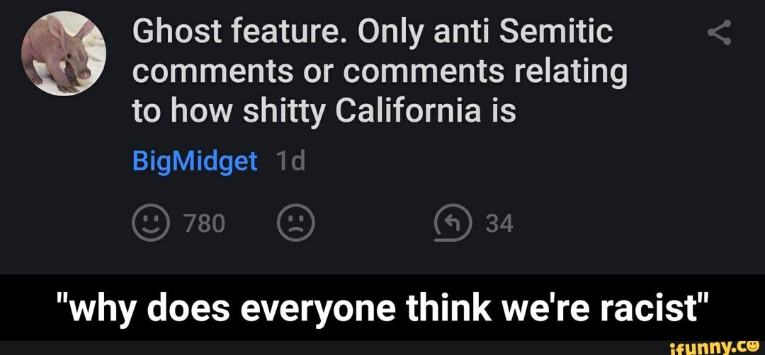 Ghost feature. Only anti Semitic comments or comments relating to how shitty California is
BigMidget
780 34
"why does everyone think we're racist" - "why does everyone think we're racist"