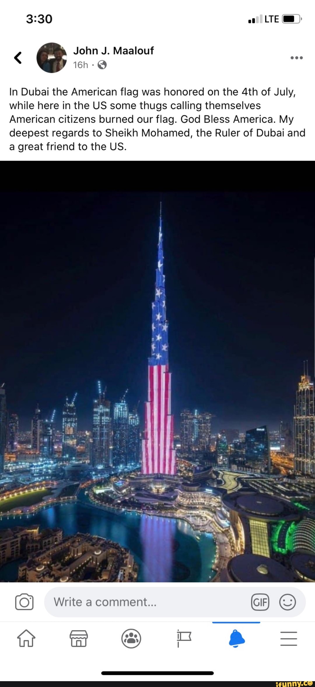 In Dubai the American flag was honored on the 4th of July,
while here in the US some thugs calling themselves
American citizens burned our flag. God Bless America. My
deepest regards to Sheikh Mohamed, the Ruler of Dubai and
a great friend to the US.
Write a comment...