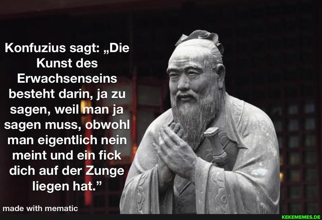 Konfuzius sagt: "Die
Kunst des
Erwachsenseins besteht darin, ja zu sagen, weil man ja sagen muss, obwohl man eigentlich nein meint und ein fick dich auf der Zunge liegen hat."