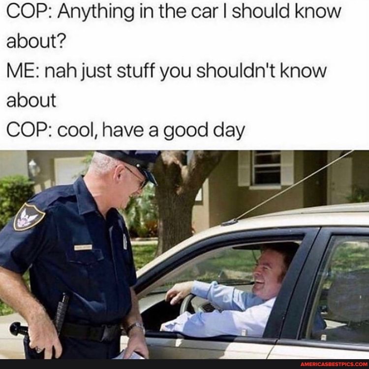 COP: Anything in the car I should know about?
ME: nah just stuff you shouldn't know about
COP: cool, have a good day