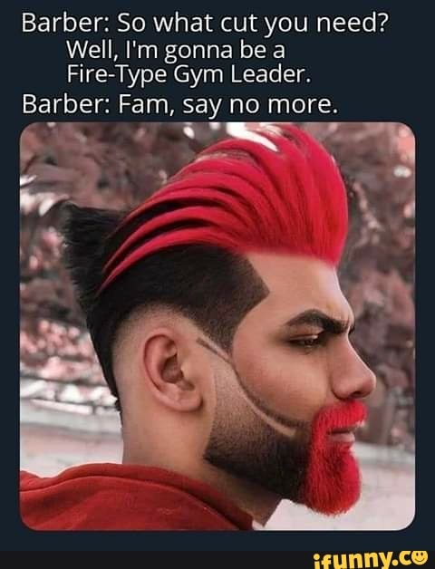 Barber: So what cut you need?
Well, I'm gonna be a
Fire-Type Gym Leader.
Barber: Fam, say no more.
