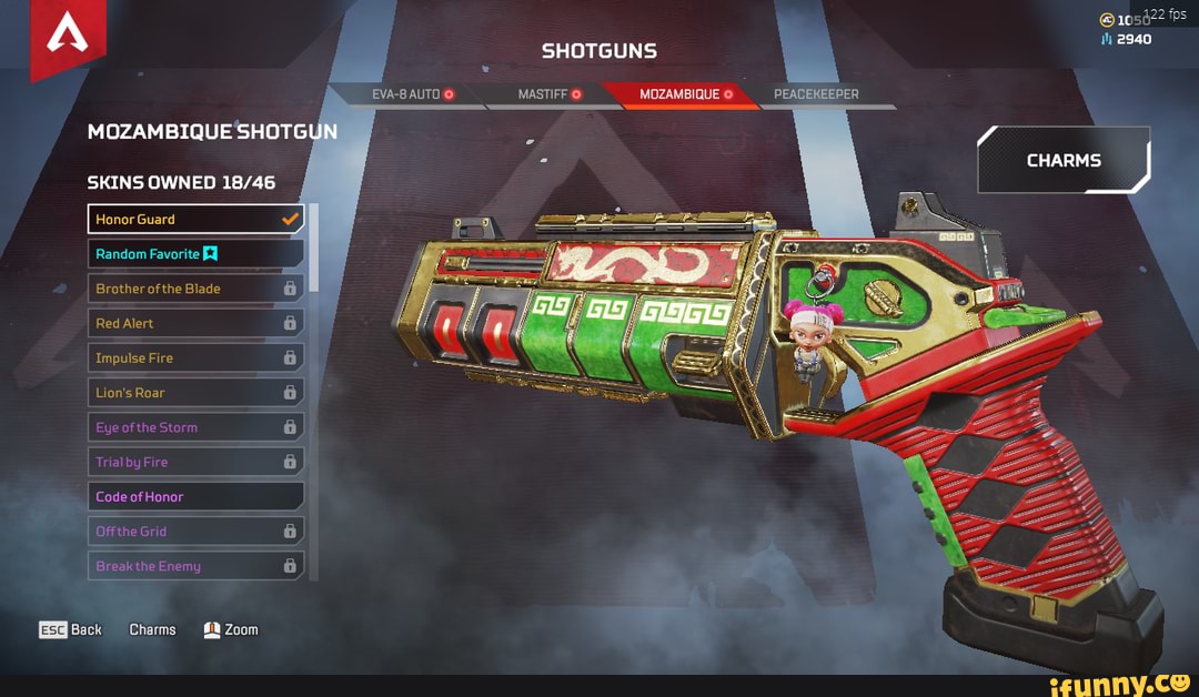 2940 Shotguns Mastiff Mozambique Peacekeeper Eva 8 Auto O Mozambique Shotgun Charms Skins Owned Honor Guard Random Favorite Brother Of The Blade Red Alert Impulse Fire Lion S Roar Eye Of The Storm Trial