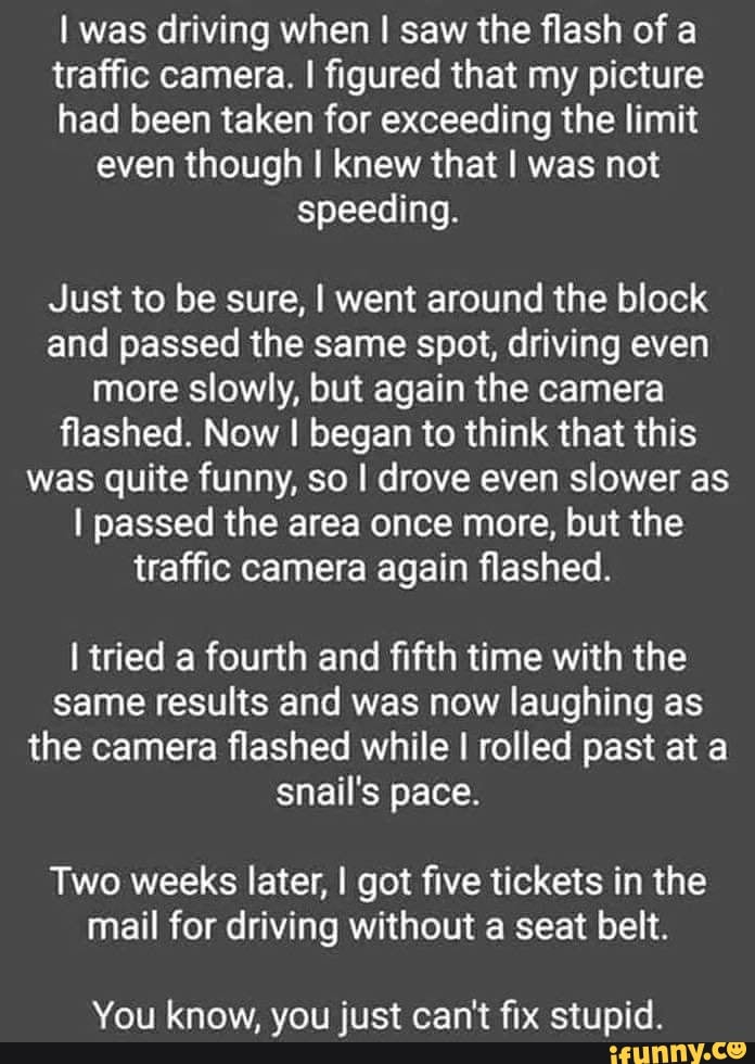 I was driving when I saw the flash of a traffic camera. I figured that my picture had been taken for exceeding the limit
even though I knew that was not speeding.
Just to be sure, I went around the block and passed the same spot, driving even more slowly, but again the camera flashed. Now I began to think that this was quite funny, so I drove even slower as
I passed the area once more, but the
traffic camera again flashed.
tried a fourth and fifth time with the same results and was now laughing as the camera flashed while I rolled past at a snail's pace.
Two weeks later, I got five tickets in the mail for driving without a seat belt.
You know, you just can't fix stupid.
