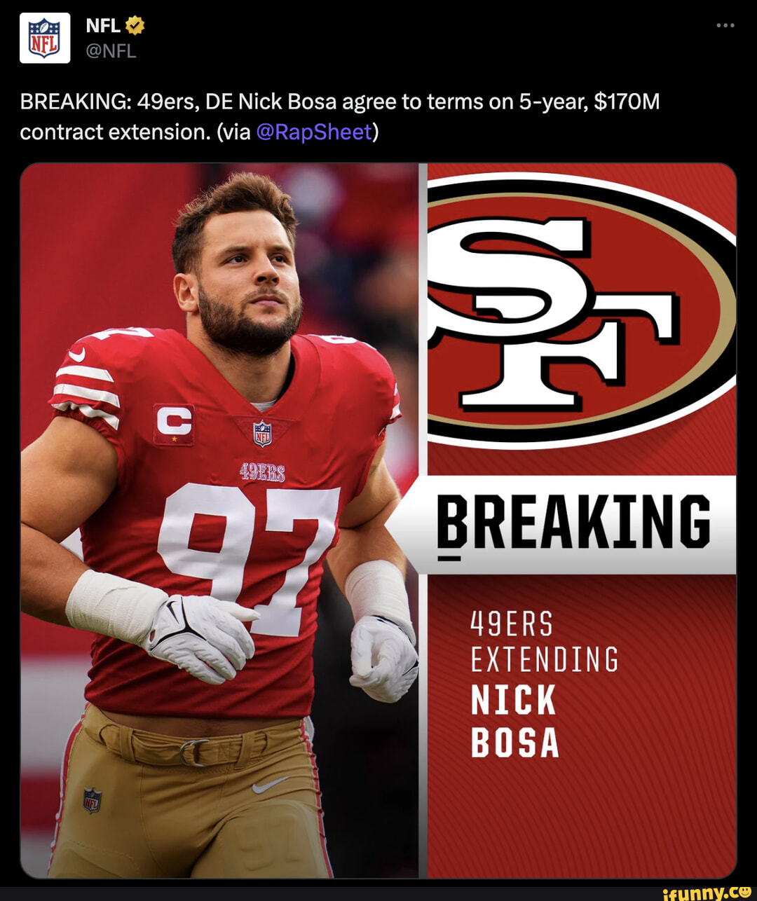 Rapoport: Nick Bosa agrees to five-year, $170 million extension with 49ers