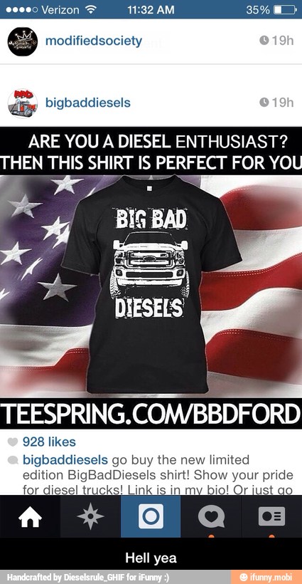 To TEESPRING.COM/BBDFO
928 likes
ARE YOU A DIESEL ENTHUSIAST?
uals USAS IS -e FOR YOU - Hell yea