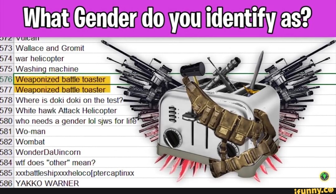What Gender do you identify as? 573 Wallace and Gromlt 574 war