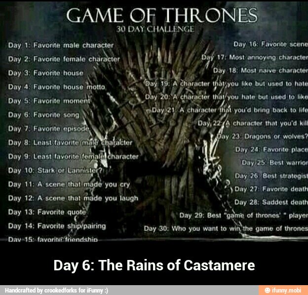 GAME OF THRONES
30 DAY CHALLENGE
Day 1: Favorite male "aN 05
16: Favorite scene
Day 2: Favorite female
ogi er
bf 475 Most(ennoying character
Day/3: Favorite house
À A Mei UN
Ms
18; Most
naive characte
Day 4: Favorite: house
Motto
5 Petar mr you like but Usd to hate
Day
5: Favorite
you'd bring back to lite
character that you'd kil
Day 6; Favorite song
lay 23. Dragons of wolves?
Day 6: The Rains of Castamere - Day 6: The Rains of Castamere