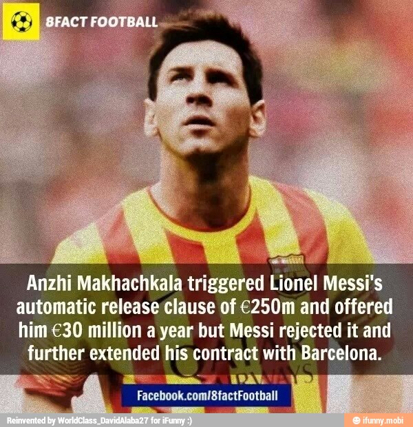 Anzhi Makhachkala triggered Lionel Messi's
automatic release clause of €250m and offered
him €30 million a year but Messi rejected it and
further extended his contract with Barcelona.
Facebook.com/8factFootball
