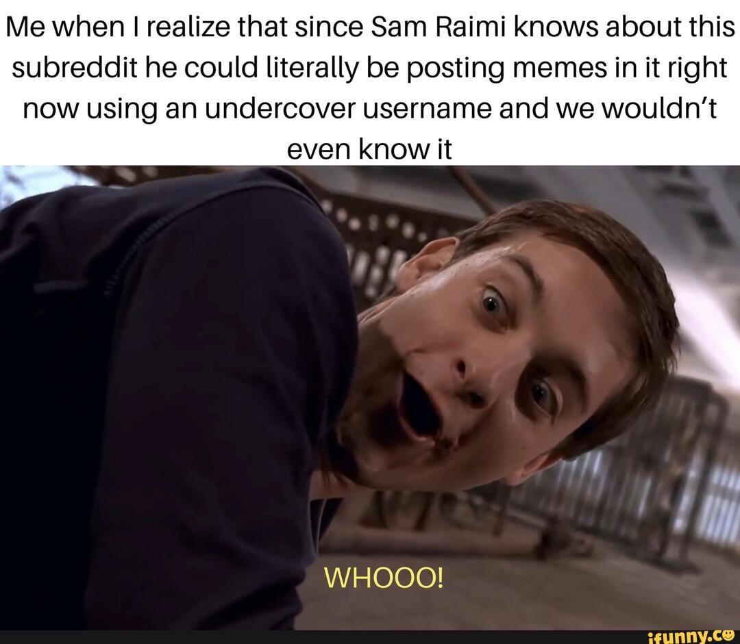 Me when I realize that since Sam Raimi knows about this
subreddit he could literally be posting memes in it right
now using an undercover username and we wouldn't
even know it
WHOOO!