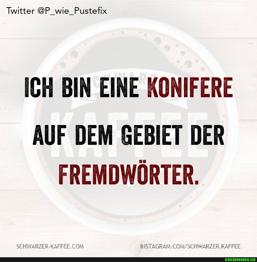 Twitter @P_wie_Pustefix
ICH BIN EINE KONIFERE
AUF DEM GEBIET DER FREMDWÖRTER.
INSTAGRAM.C
WSCHWARZER.KAFFEE