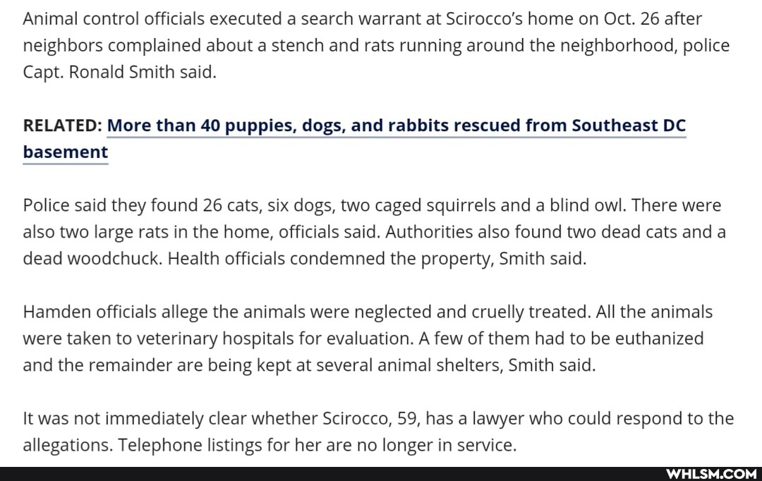 Animal control officials executed a search warrant at Scirocco's home on Oct. 26 after neighbors complained about a stench and rats running around the neighborhood, police
Capt. Ronald Smith said.
RELATED: More than 40 puppies, dogs, and rabbits rescued from Southeast DC basement
Police said they found 26 cats, six dogs, two caged squirrels and a blind owl. There were also two large rats in the home, officials said. Authorities also found two dead cats and a dead woodchuck. Health officials condemned the property, Smith said.
Hamden officials allege the animals were neglected and cruelly treated. All the animals were taken to veterinary hospitals for evaluation. A few of them had to be euthanized and the remainder are being kept at several animal shelters, Smith said.
It was not immediately clear whether Scirocco, 59, has a lawyer who could respond to the allegations. Telephone listings for her are no longer in service.