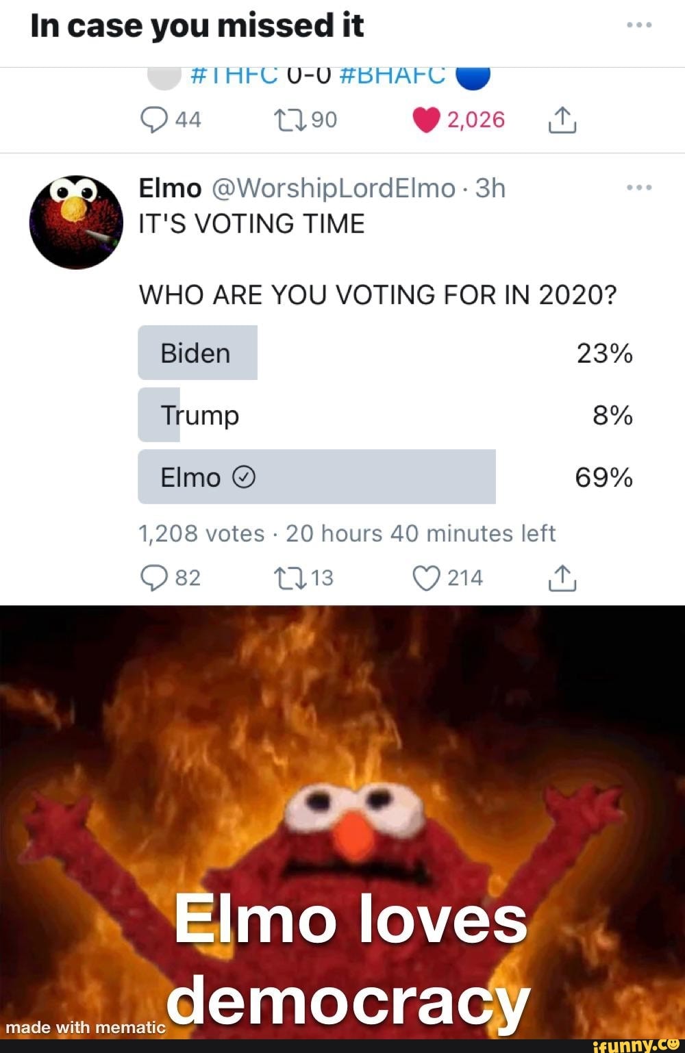 In case you missed it
#IAFC U-U #BHAFC
44 2,026
Elmo @WorshipLordElmo -
IT'S VOTING TIME
WHO ARE YOU VOTING FOR IN 2020?
Biden
Trump
23%
8%
Elmo 69%
1,208 votes - 20 hours 40 minutes left
82
Elmo loves democracy