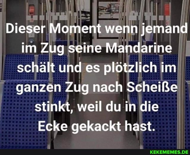 Dieser Moment wenn jemand im Zug seine Mandarine II schält und es plötzlich im ganzen Zug nach Scheiße stinkt, weil du in die
Ecke gekackt hast.