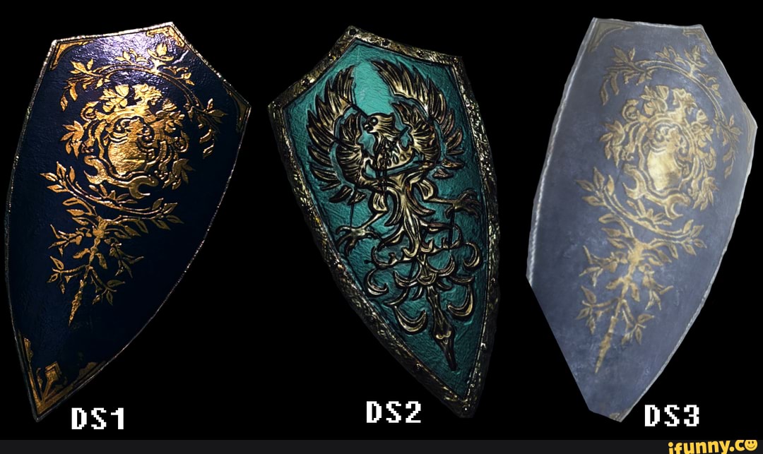 Ingame screenshots of shields in the Dark Souls trilogy, each was