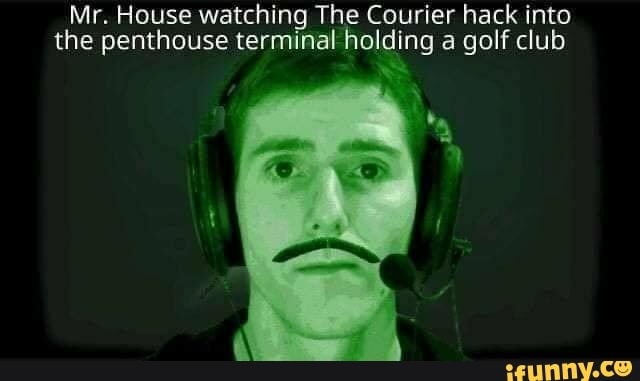 Mr. House watching The Courier hack into the penthouse terminal holding a golf club