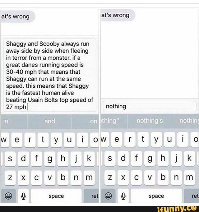 rat's wrong nat's wrong
Shaggy and Scooby always run
away side by side when fleeing
in (error (rom a monster. if a
great danes running speed is
30-40 mph that means mat
Shaggy can run at the same
speed, this means that Shaggy
beating Usain Bolts top speed of
mph} nothing