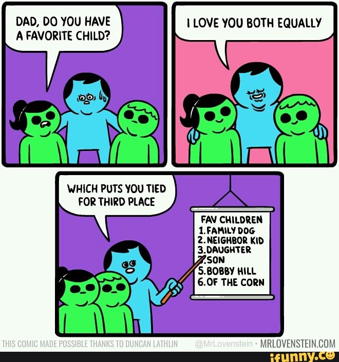 DAD, DO YOU HAVE A FAVORITE CHILD?
LOVE YOU BOTH EQUALLY
WHICH PUTS YOU TIED FOR THIRD PLACE
FAN CHILDREN
1. FAMILY DOG
6.0F THE CORN
THIS COMIC MADE POSSIBLE THANKS TO DUNCAN @MrLovenstein
MRLOVENSTEIN.CON