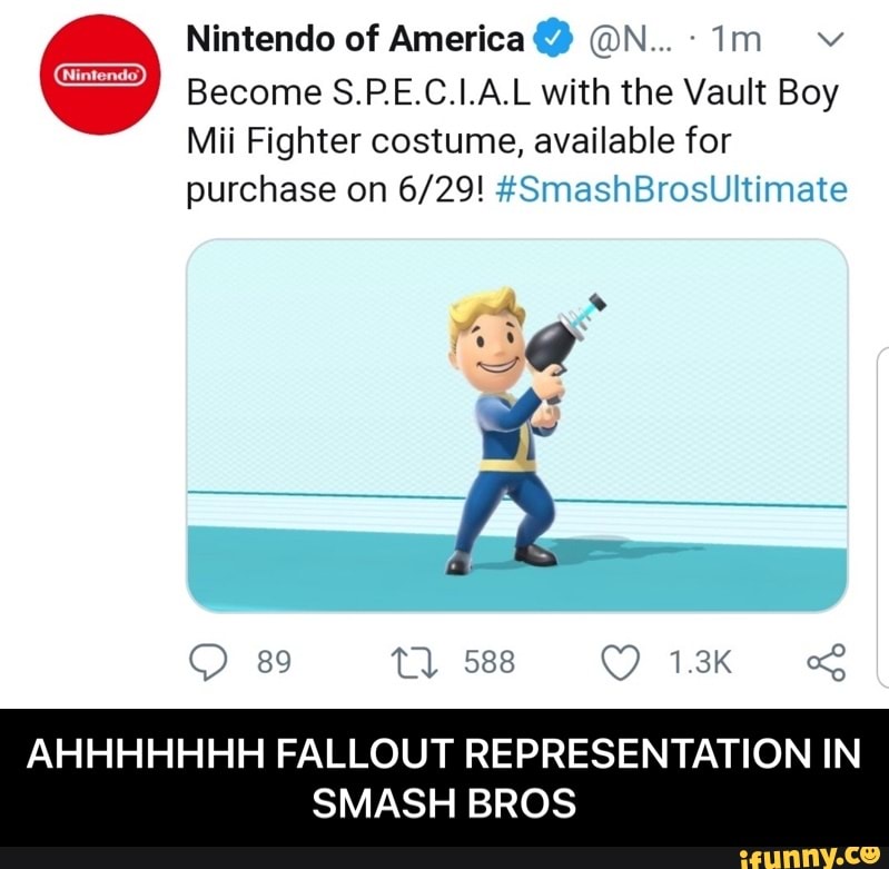 AHHHHHHH FALLOUT REPRESENTATION IN
SMASH BROS
Mii Fighter costume, available for
purchase on 6/29! #SmashBrosuUltimate - AHHHHHHH FALLOUT REPRESENTATION IN SMASH BROS