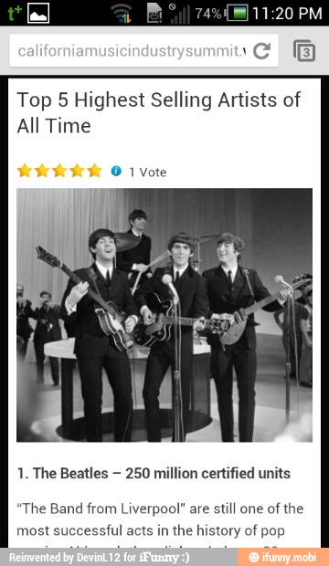 Top 5 Highest Selling Artists of
All Time
1. The Beatles 250 million certified units
"The Band from Liverpool" are still one of the
most successful acts in the history of pop