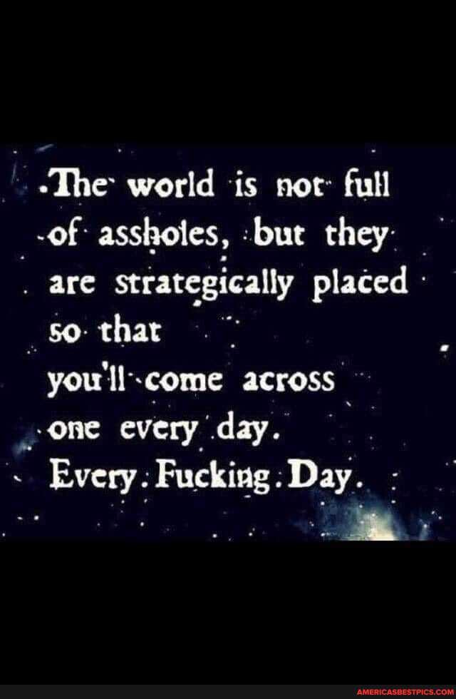 -The world is not full
-of assholes, :but they- are strategically placed -
_ that
you'll-come across one every day.
Every. Fucking: Day.