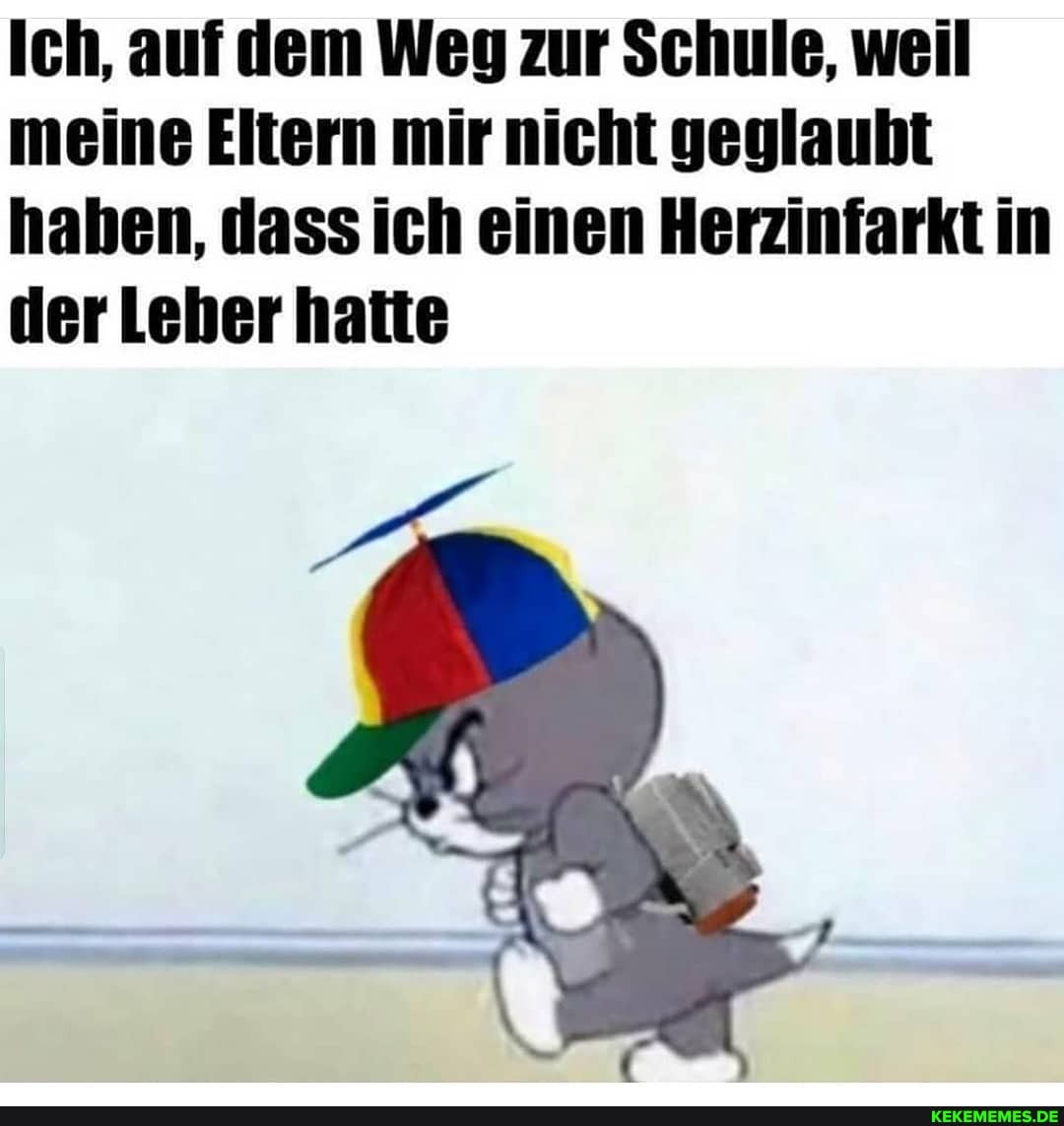 Ich, auf dem Weg zur Schule, weil meine Eltern mir nicht geglaubt haben, dass ich einen Herzinfarkt in der Leber hatte