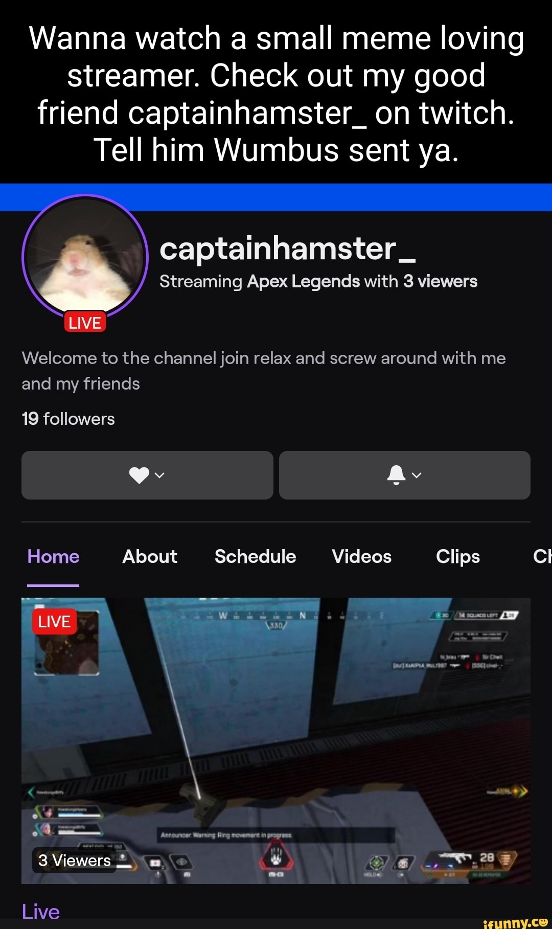 Wanna Watch A Small Meme Loving Streamer Check Out My Good Friend Captainhamster On Twitch Tell