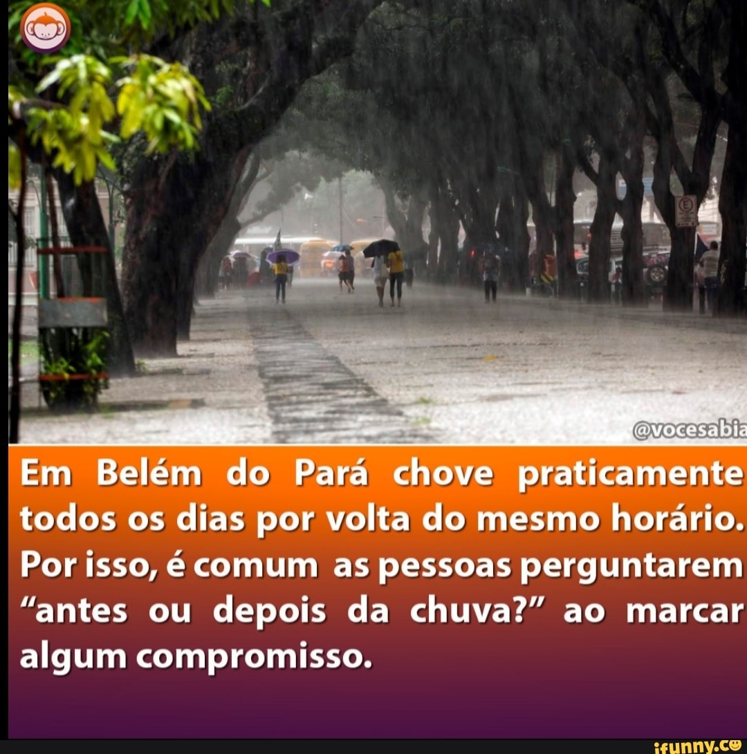 Em Belém do Pará chove praticamente todos os dias por volta do mesmo horário.
Por isso, é comum as pessoas perguntarem
"antes ou depois da chuva?" ao marcar algum compromisso.