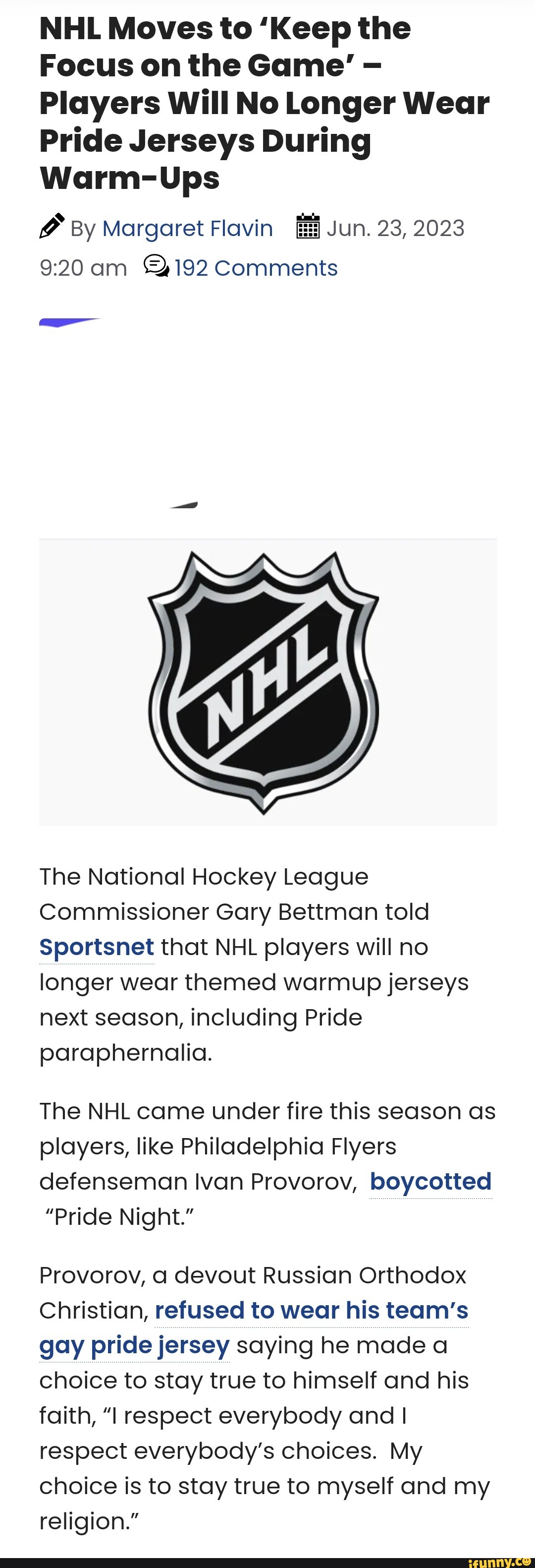 NHL players will not wear Pride jerseys during warm-ups anymore: 'Keeping  the focus on the game