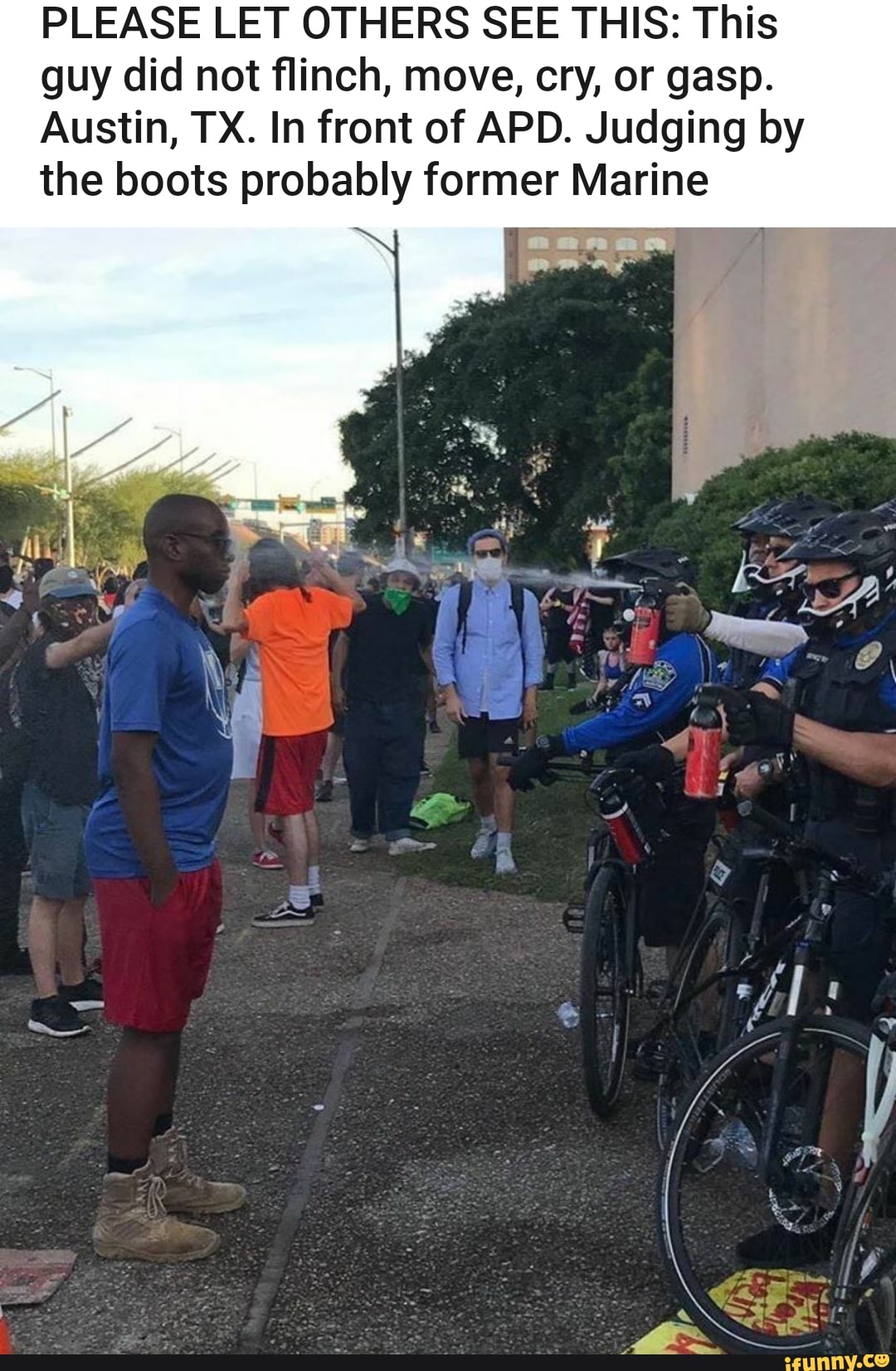 PLEASE LET OTHERS SEE THIS: This
guy did not flinch, move, cry, or gasp.
Austin, TX. In front of APD. Judging by
the boots probably former Marine