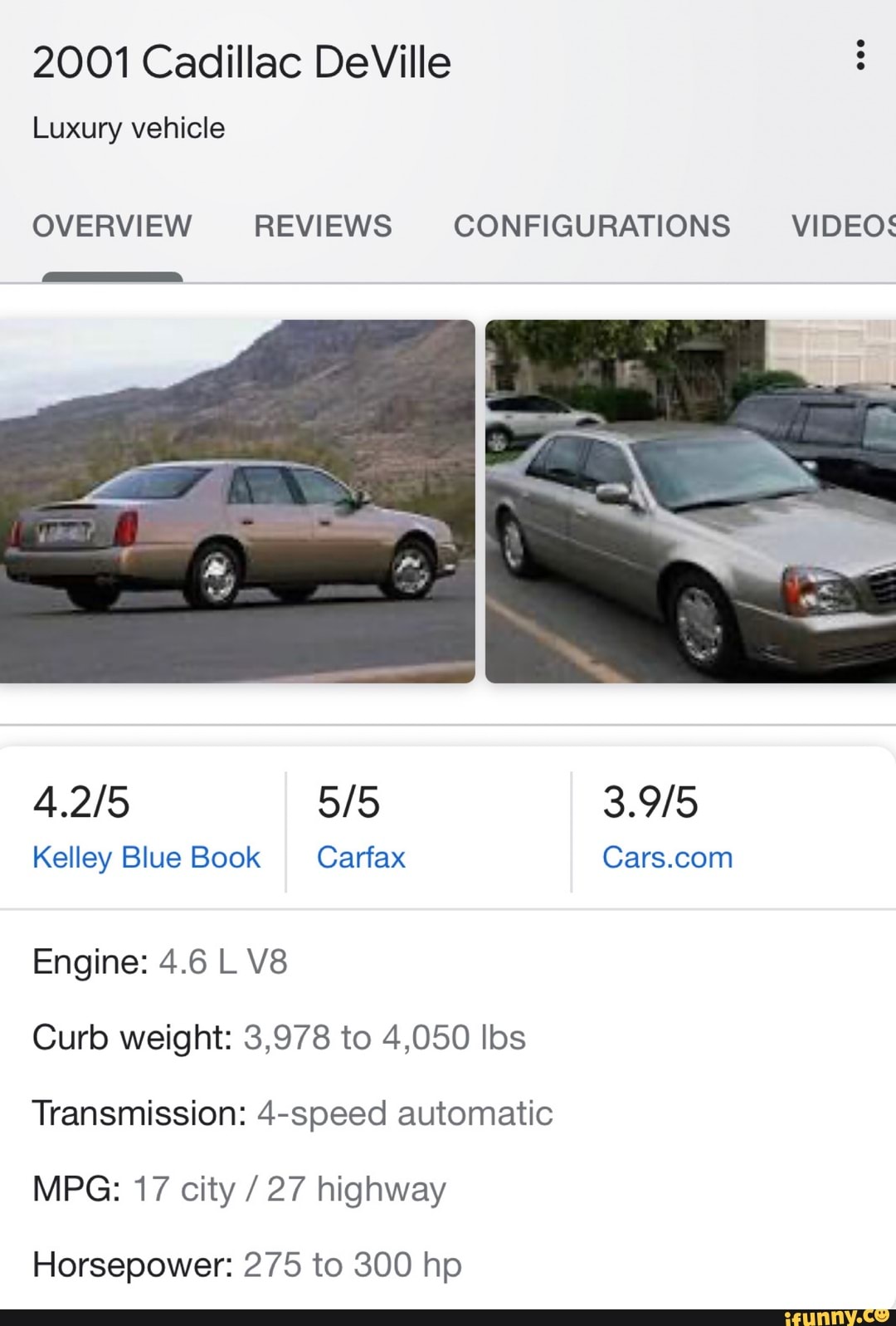 2001 Cadillac DeVille Luxury vehicle OVERVIEW REVIEWS CONFIGURATIONS VIDEOS Kelley Blue Book