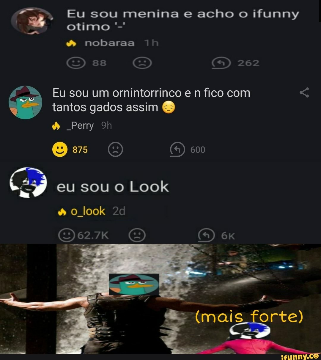 Eu sou menina e acho o ifunny otimo
262
nobaraa
Eu sou um ornintorrinco e n fico com tantos gados assim &
Pery
600
875
eu sou o Look
O look
(mais