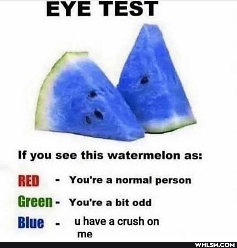 EYE TEST
If you see this watermelon as:
RED - You're a normal person
Green- You're a bit odd
Blue - crush mo