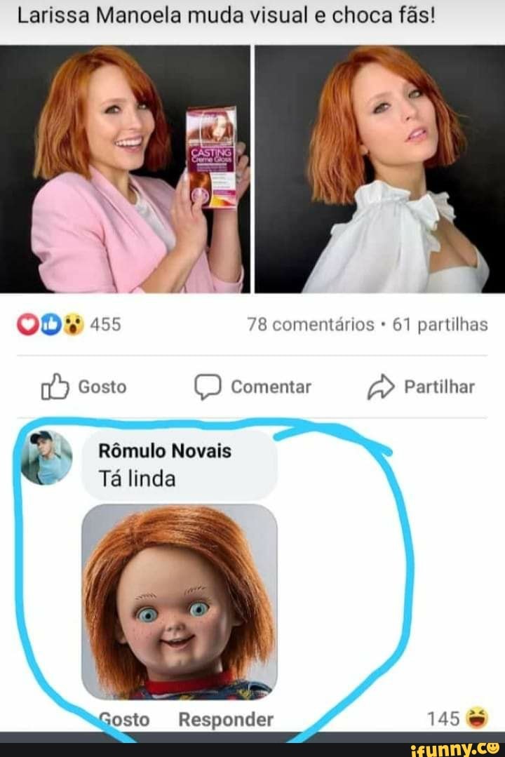 Larissa Manoela muda visual e choca fãs!
455 78 comentários 61 partilhas
Gosto (D Comentar Partilhar
Rômulo Novais
Tá linda
Gosto Responder 145