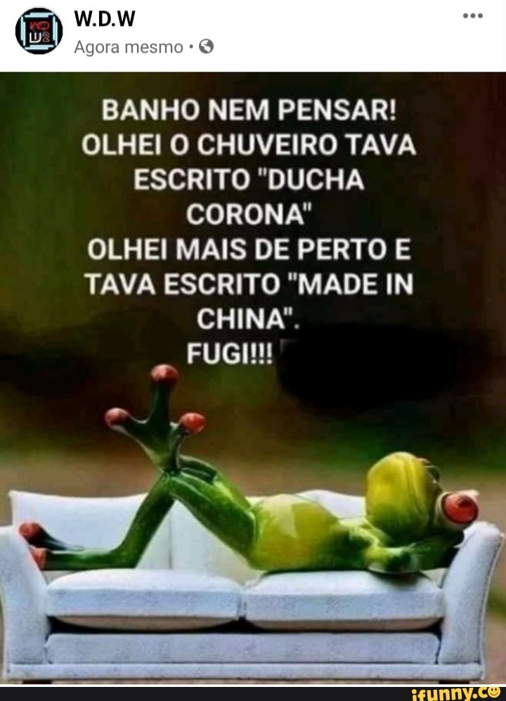 BANHO NEM PENSAR!
OLHEI O CHUVEIRO TAVA
ESCRITO "DUCHA
CORONA"
OLHEI MAIS DE PERTO E
TAVA ESCRITO "MADE IN
CHINA".