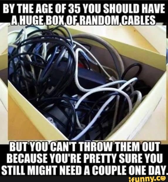 BY THE AGE OF 35 YOU SHOULD HAVE A. HUGE BOX OF RANDOM, .CABLES
BUT YOU CAN'T THROW THEM OUT BECAUSE YOU'RE PRETTY SURE YOU STILL MIGHT NEED A COUPLE ONE DAY.