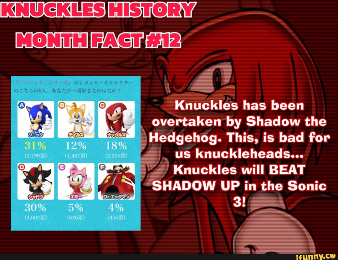 KNUCKLES HISTORY MONTH ACT 12 Knuckles has been overtaken by Shadow