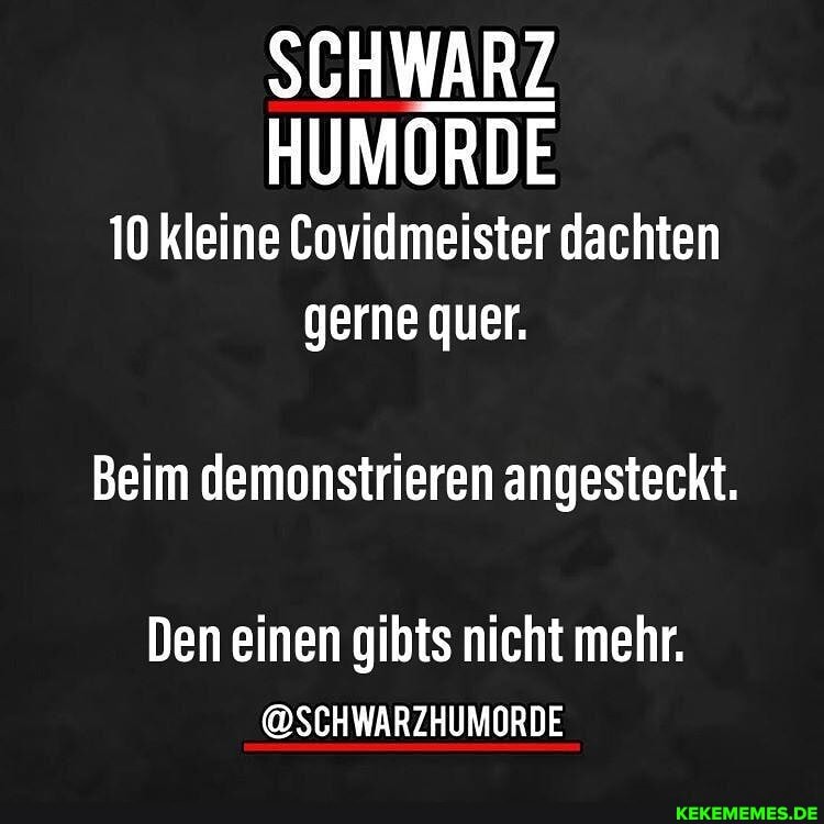 SCHWARZ
10 kleine Covidmeister dachten gerne quer.
Beim demonstrieren angesteckt.
Den einen gibts nicht mehr.
@SCHWARZHUMORDE