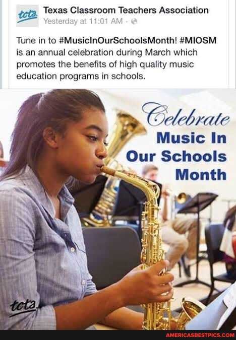 Texas Classroom Teachers Association
Yesterday at AM
Tune in to #MusicInOurSchoolsMonth! #MIOSM.
is an annual celebration during March which promotes the benefits of high quality music education programs in schools.
> Celebrate
Music In
Our Schools
Month