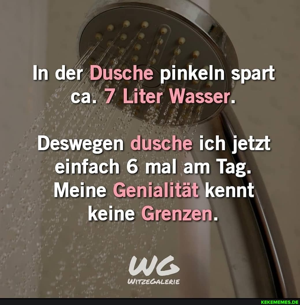 In der Dusche pinkeln spart
Liter Wasser:
Deswegen dusche ich jetzt einfach 6 mal am Tag.
Meine Genialität kennt
keine Grenzen.
WITZEGALERIE