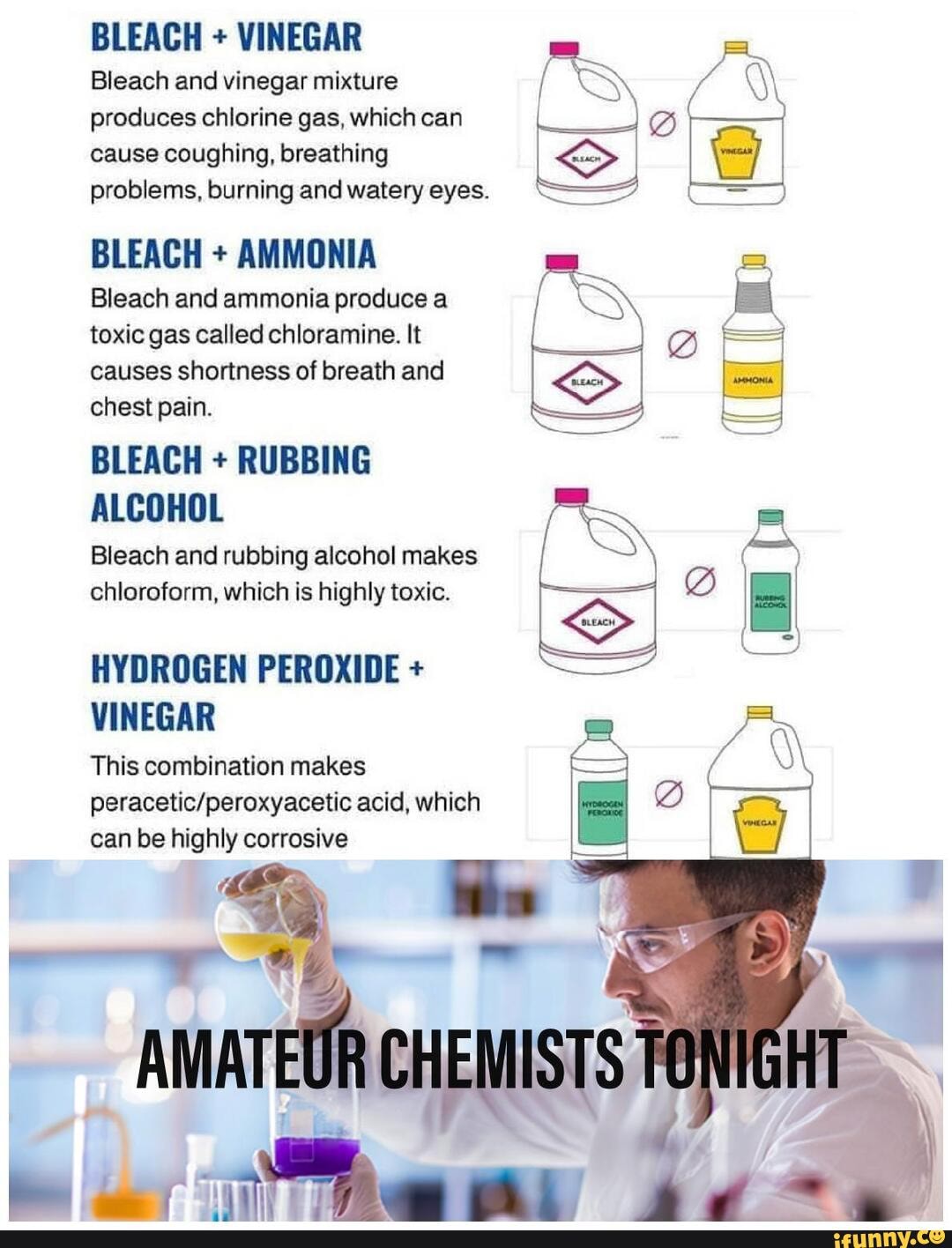 BLEACH + VINEGAR Bleach and vinegar mixture produces chlorine gas