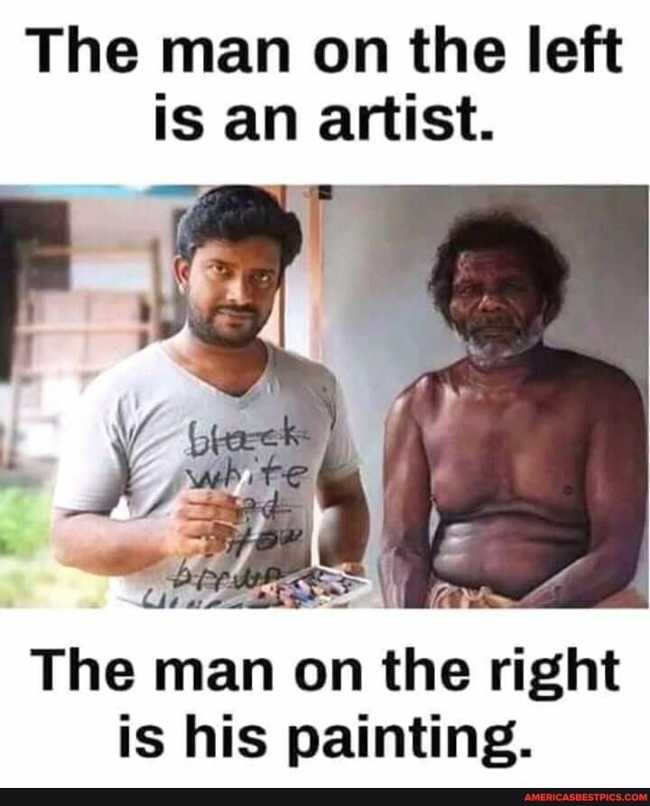 The man on the left is an artist.
The man on the right is his painting.