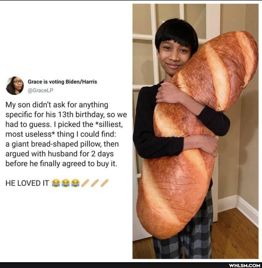 & Grace is voting
My son didn't ask for anything specific for his 13th birthday, so we had to guess. I picked the *silliest, most useless* thing I could find:
a giant bread-shaped pillow, then argued with husband for 2 days before he finally agreed to buy it.
HE LOVED IT &