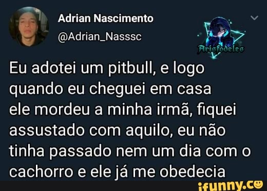 Adrian Nascimento
(DAdrian. ar
Eu adotei um pitbull, e logo quando eu cheguei em casa ele mordeu a minha irmã, fiquei assustado com aquilo, eu não tinha passado nem um dia com o cachorro e ele já me obedecia