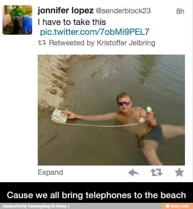 I have to take this
pic.twitter.com/7obMi9PEL7
42 Retweeted by Kristoffer Jelbring
Cause we all bring telephones to the beach - Cause we all bring telephones to the beach
