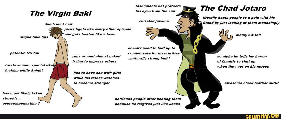 fashionable hat protects
The Virgin Ba ki his eyes from the sun
chiseled jawline
The Chad Jotaro
literally beats people to a pulp with his dumb idiot hair
picks fights like every other episode and gets beaten like a loser
stupid fake lips manly tall
doesn't need to buff up to
pathetic 5'5 tall compensate for insecurities
anaturally strong build
runs around almost naked so alpha he tells his harem
trying to impress others of fangirls to shut up
treats women special like
when they get on his nerves fucking white knight
has to have sex with girls while his father watches
to become stronger awesome black leather outfit
has most likely taken
steroids befriends people after beating them
overcompensating ? because he forgives just like Jesus
