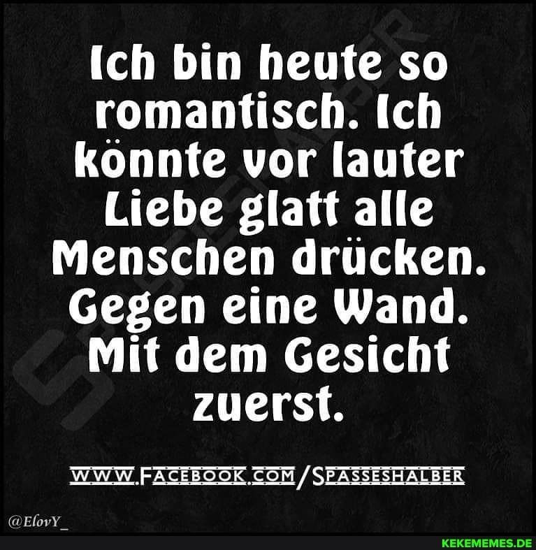 Ich bin heute so romantisch. Ich konnte vor lauter
Liebe glatt alle
Menschen drücken.
Gegen eine Wand.
Mit dem Gesicht zuerst.
WWW. .FACEBOOK SEASSESHALBER