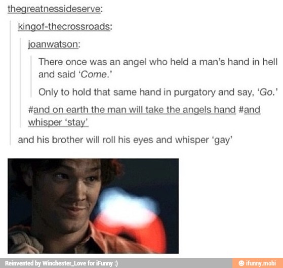 thegreatnessideserve:
kingof-thecrossroads:
There once was an angel who held a man's hand in hell
and said 'Come.'
Only to hold that same hand in purgatory and say, 'Go.'
angels
whisper 'stay'
and his brother will roll his eyes and whisper 'gay'